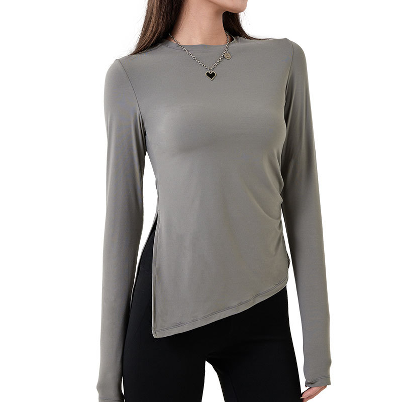 Primavera y verano nueva yoga de doble capa nube camisa suave de las mujeres cuello redondo dividido apretado deportes fitness superior desgaste exterior camisa de fondo