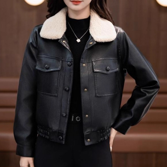 Full Network Low Price Winter Velvet Thickeneded Warm and Stylish Short Lapel Pu Leather Jacket Women's Jacket Buttons Full Network Low Price Winter Velvet Thickeneded Warm and Stylish Short Lapel Pu Leather Jacket Women's Jacket Buttons