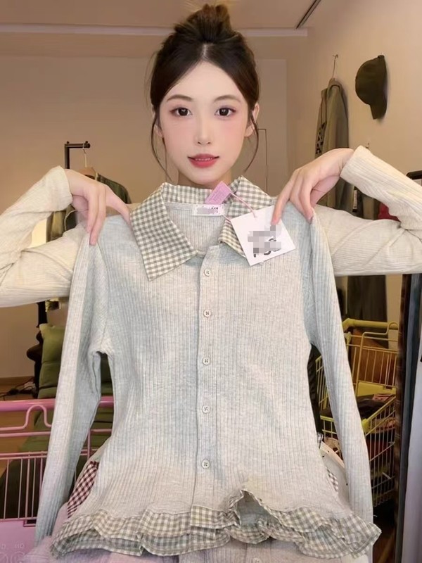 格子拼接假两件长袖T恤网红ins短款POLO领撞色修身打底上衣女秋冬|undefined