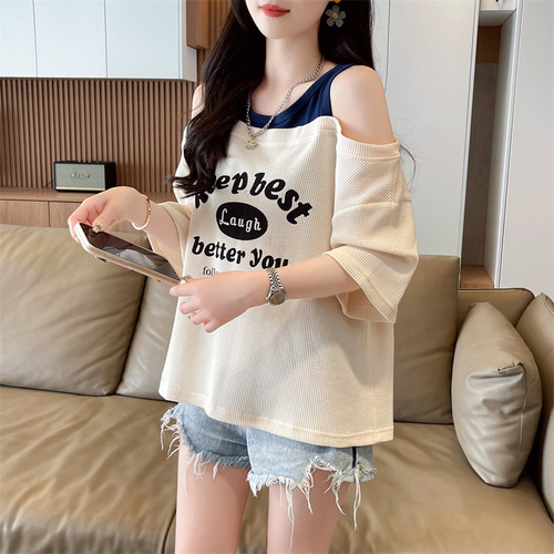 2025 Summer Fashion Off-Shoulder T-Shirt for Women, Korean-Style Loose-Fit Base Top; European & American-Style Loose-Fit Faux Two-Piece Top with Letter Print