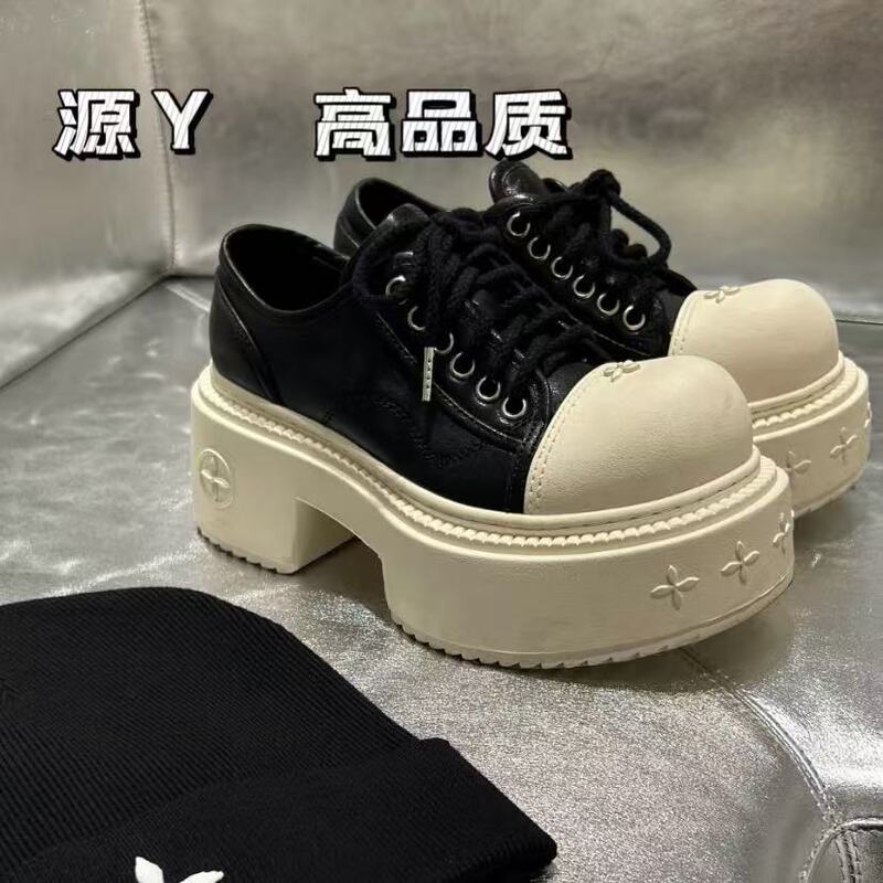 SMFK Derby Shoes Cruckle Retro Genuine Leather Platform Big Toe Shoes Casual Panda Shoes Trendy Brand Canvas High-heeled Shoes for Women