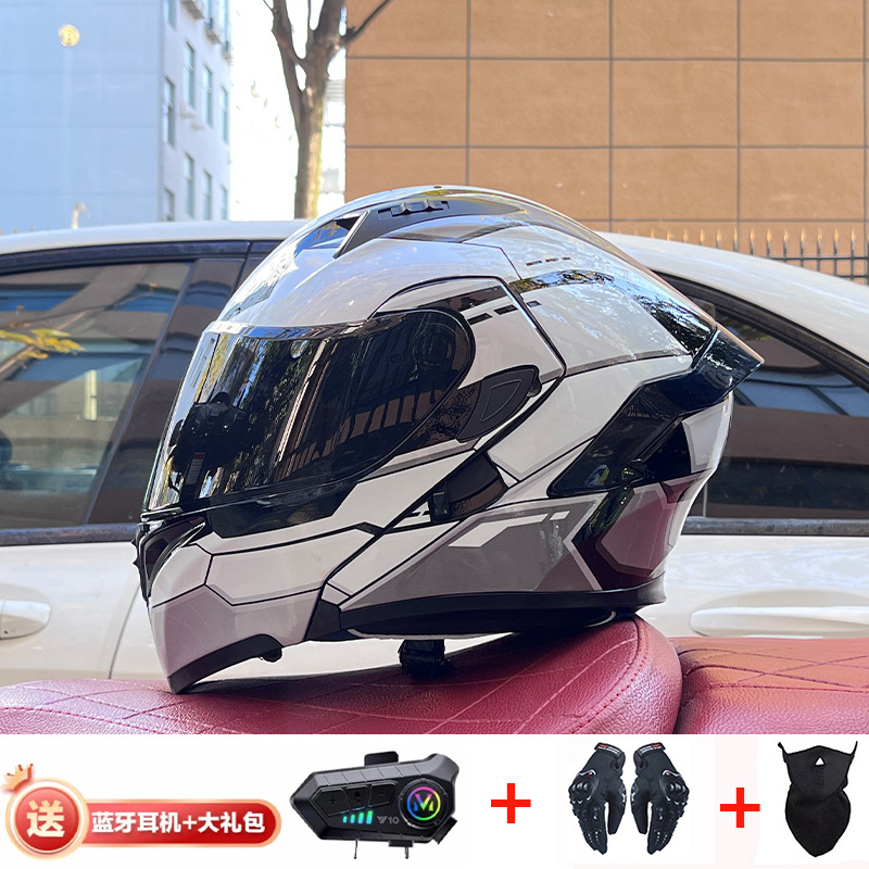 Casco de exposición Orz para hombres y mujeres invierno Doble espejo coche eléctrico semi-Casco completo cola de color coche deportivo ranura Bluetooth cuatro estaciones casco