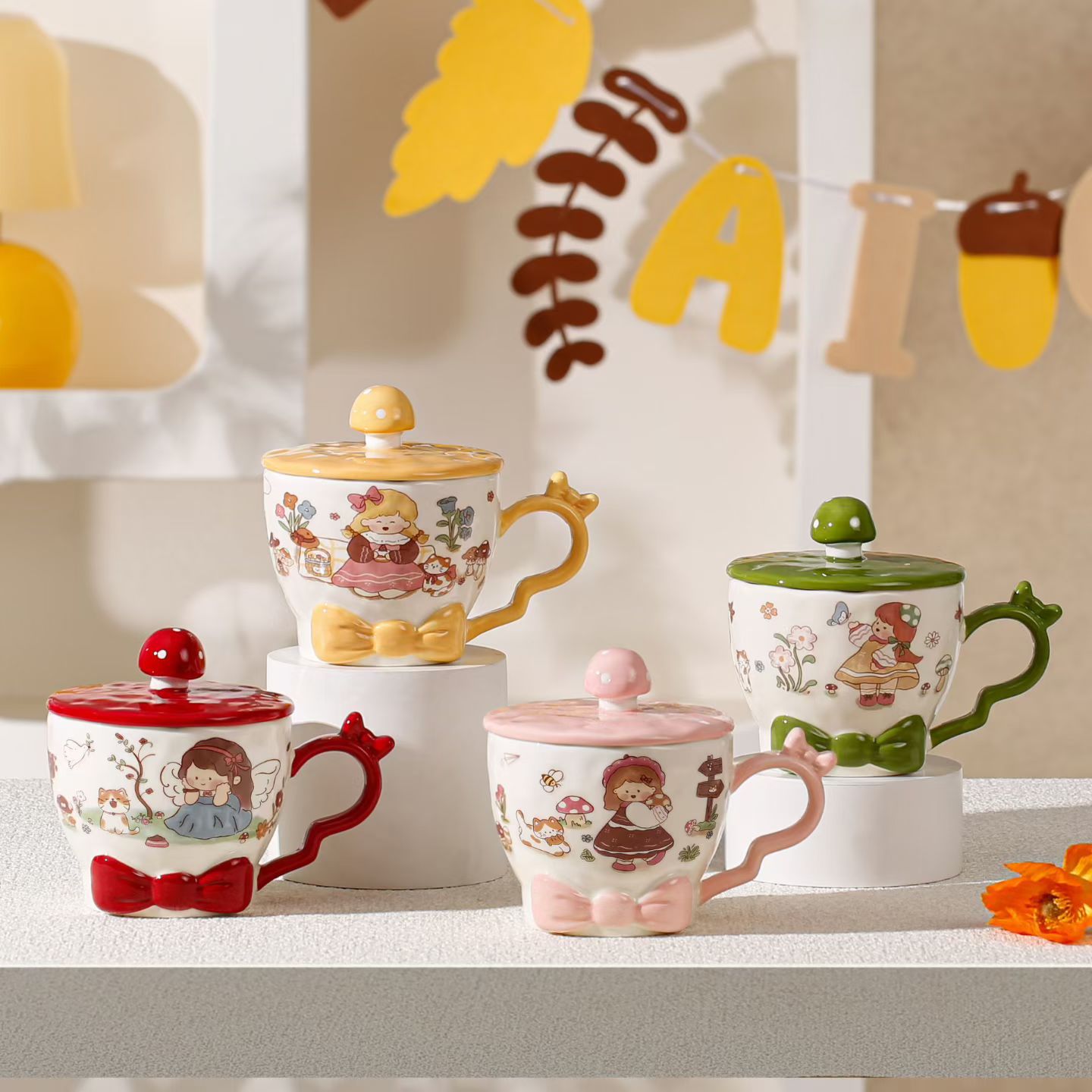 Personalidad creativa de dibujos animados adorables chicas arco tazas de cerámica con tazas de café con tapa de alto valor de la cara de las chicas tazas de marca