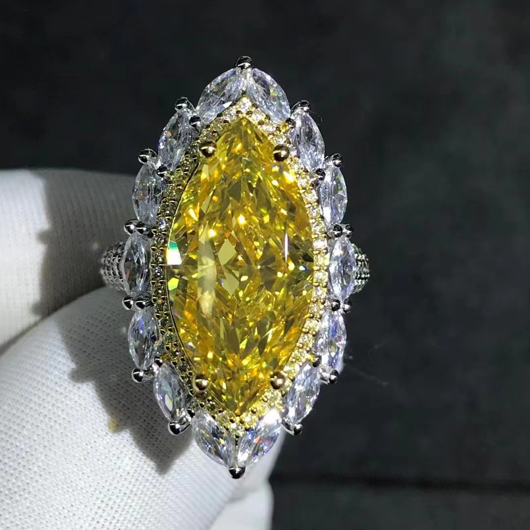 Venta caliente transfronteriza 10 quilates caballo Ojo de corte amarillo anillo de diamante de alto carbono Super brillante 3EX corte VVS Seiko