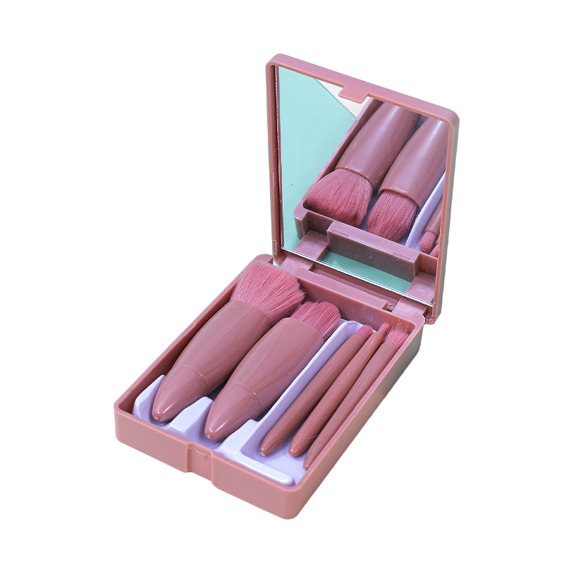 Venta al por mayor de fábrica 5 juegos de pinceles de maquillaje con espejo, cepillo de base portátil de viaje de pelo suave, cepillo de polvo suelto, sombra de ojos