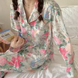韩国chic东大门秋季新款韩版花朵家居服丝质长袖长裤睡衣套装女潮