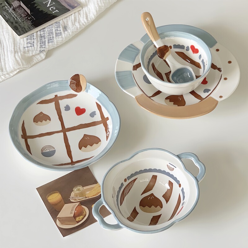 Cute Dishes Tableware Household Cute Dishes suit Creative Yogurt Bowl ins High-value Binaural Dessert Bowl