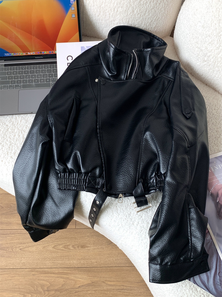 Qadın qısa dəri süni dəri jaket, qara, retro üslub