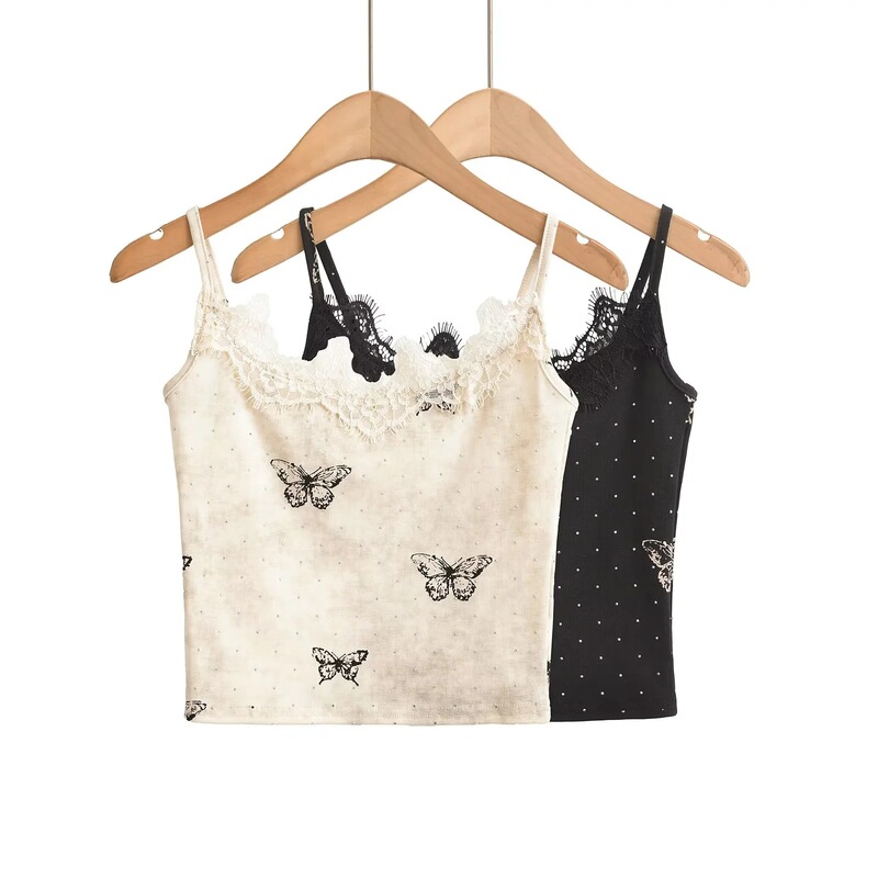 Distinctive Summer Shiny Outer Wear Vest Lace American Style Short Hot 2024 Butterfly Sling Top Women's High Waist