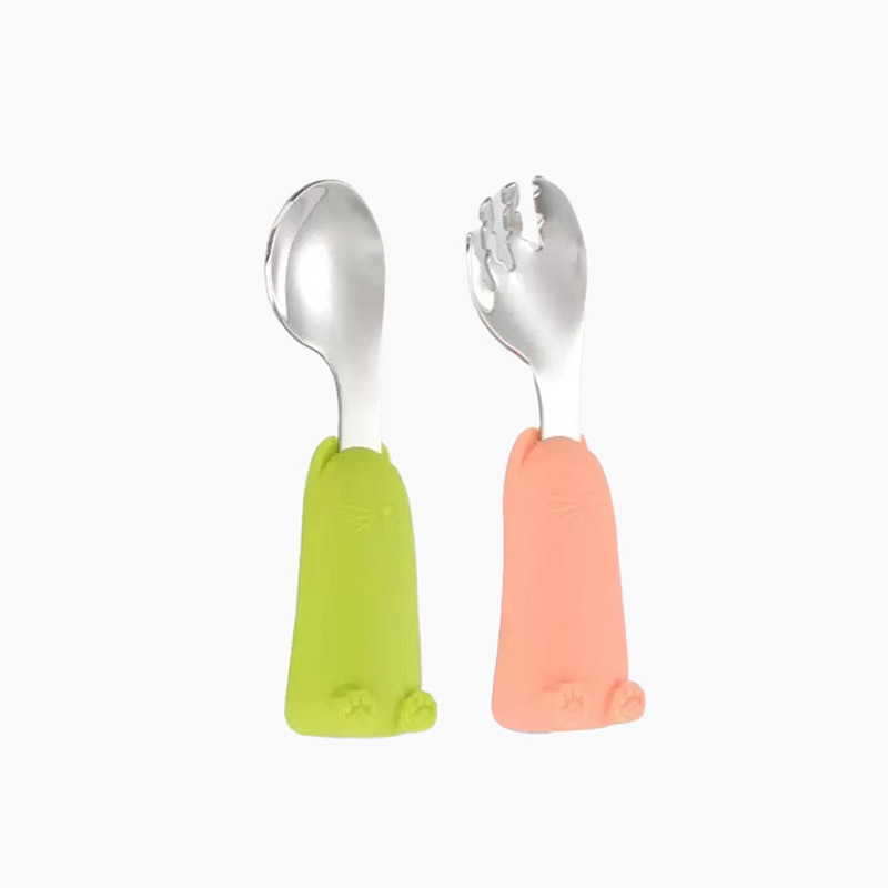 304 cat elbow fork and spoon set-pink + green