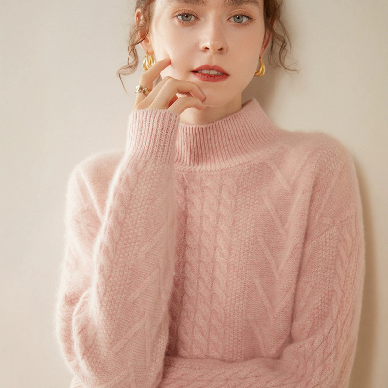 Five-Needle Three-Strand Autumn and Winter Heavy-Duty Thick Cable-Knit Cashmere Sweater for Women, Half-Turtleneck Knitted Pullover Sweater