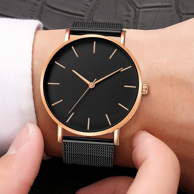 Enkel quartz klocka för män med mesh armband stilren design_voghion.com