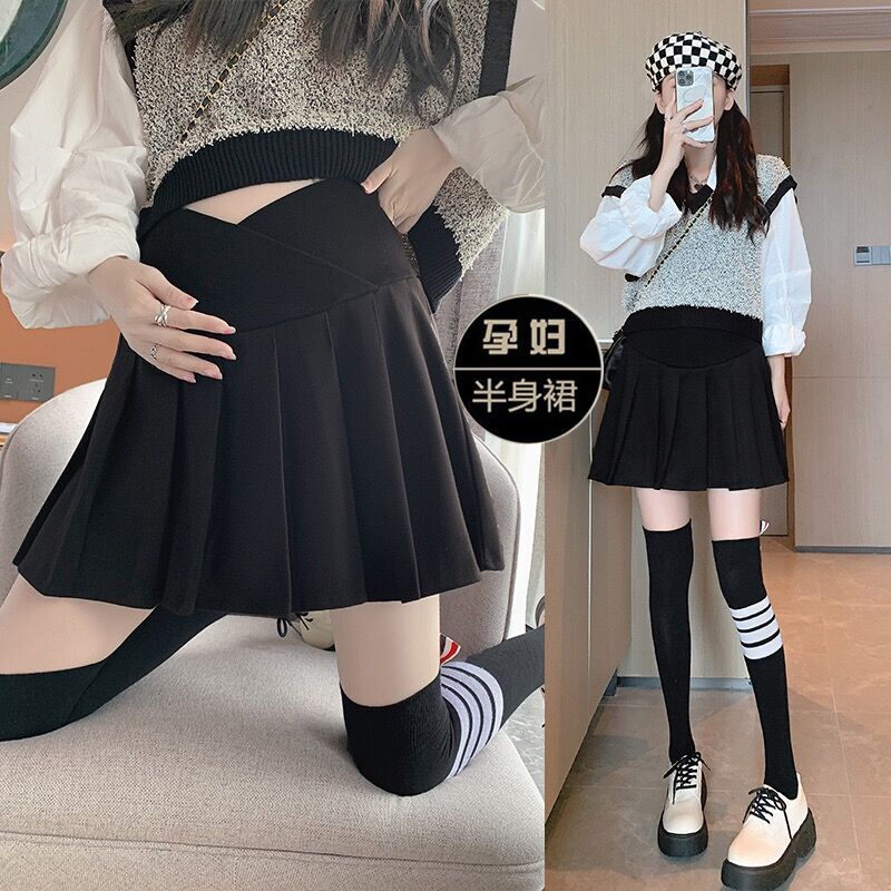 Pregnant Women's Skirt Spring and Autumn Suit Pregnant Women's Dress Skirt Spring Dress Pleated A- Line Skirt Base Skirt Anti-Light Skirt