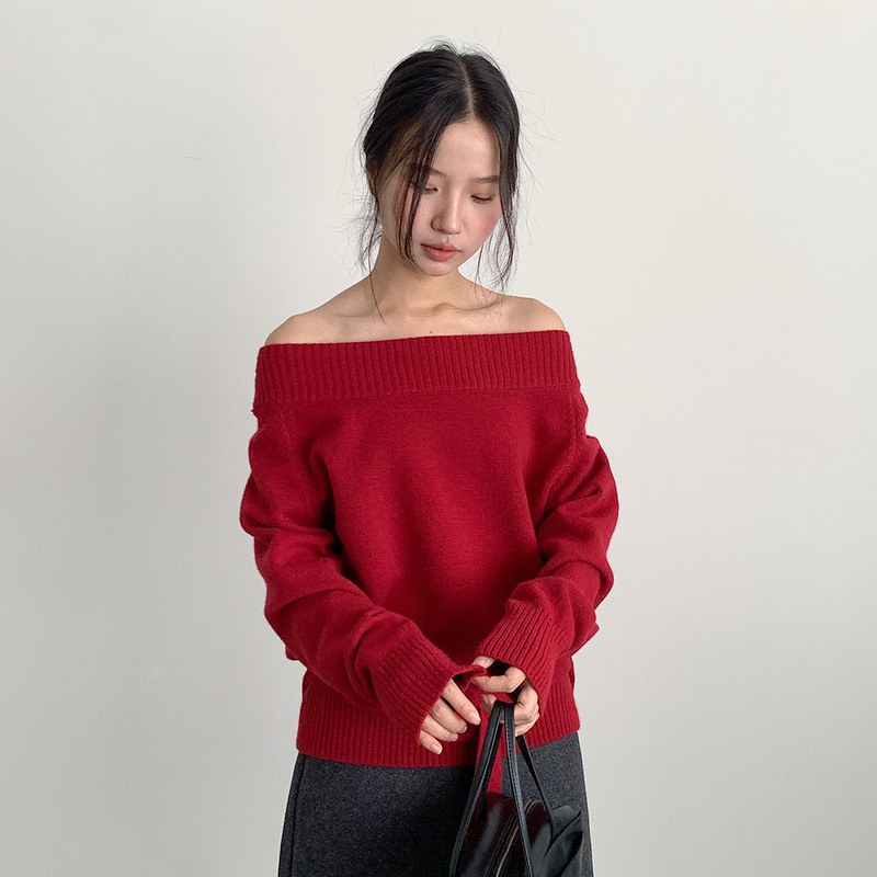 Oufan New Year's Red Christmas Style One-Neck Long-Sleeved Sweater Women's Waist Strap Waist Pullover Sweater 11062