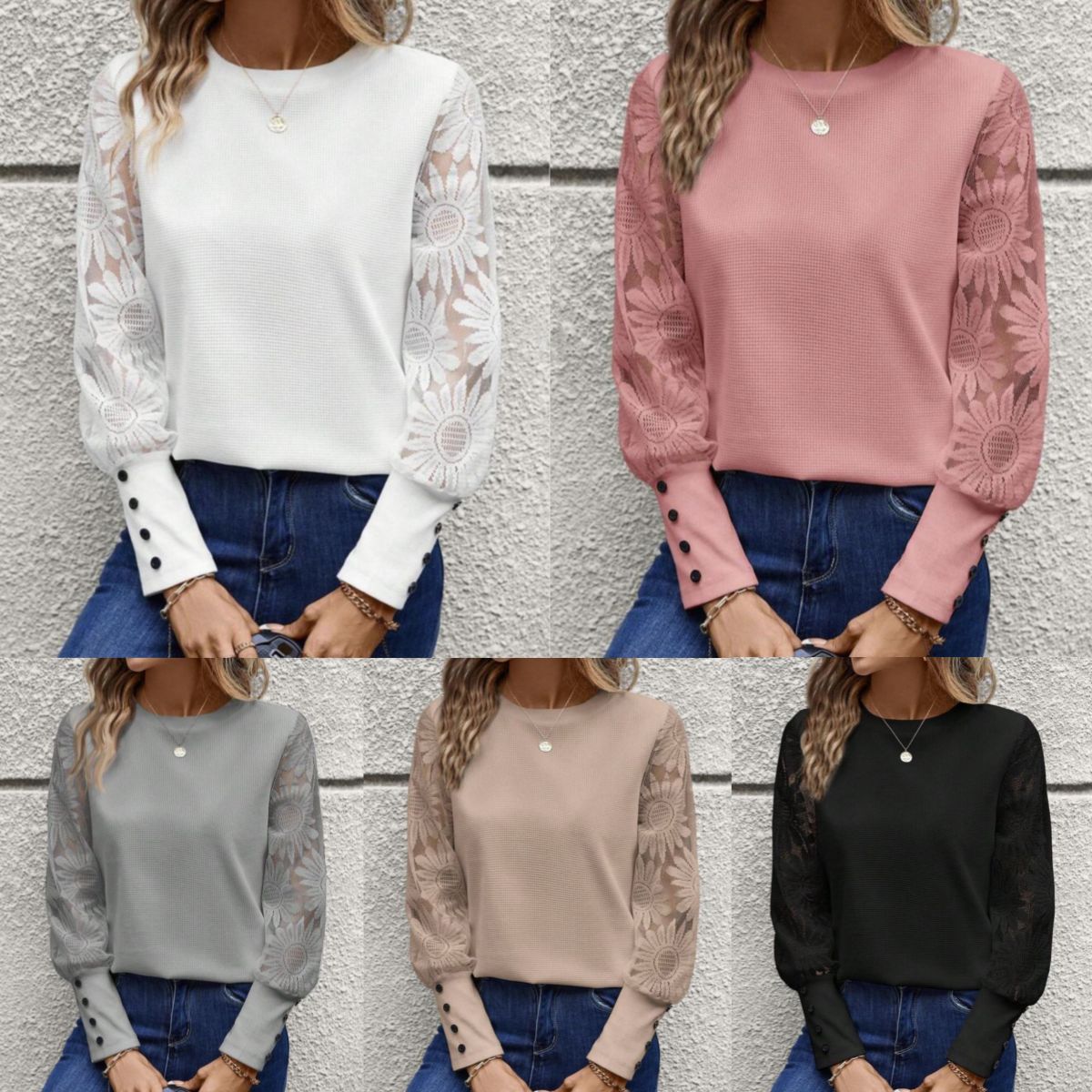 2024 Autumn European and American Solid Color Long Sleeve Embroidered Lace Patchwork Waffle Round Neck Top Waffle Fabric