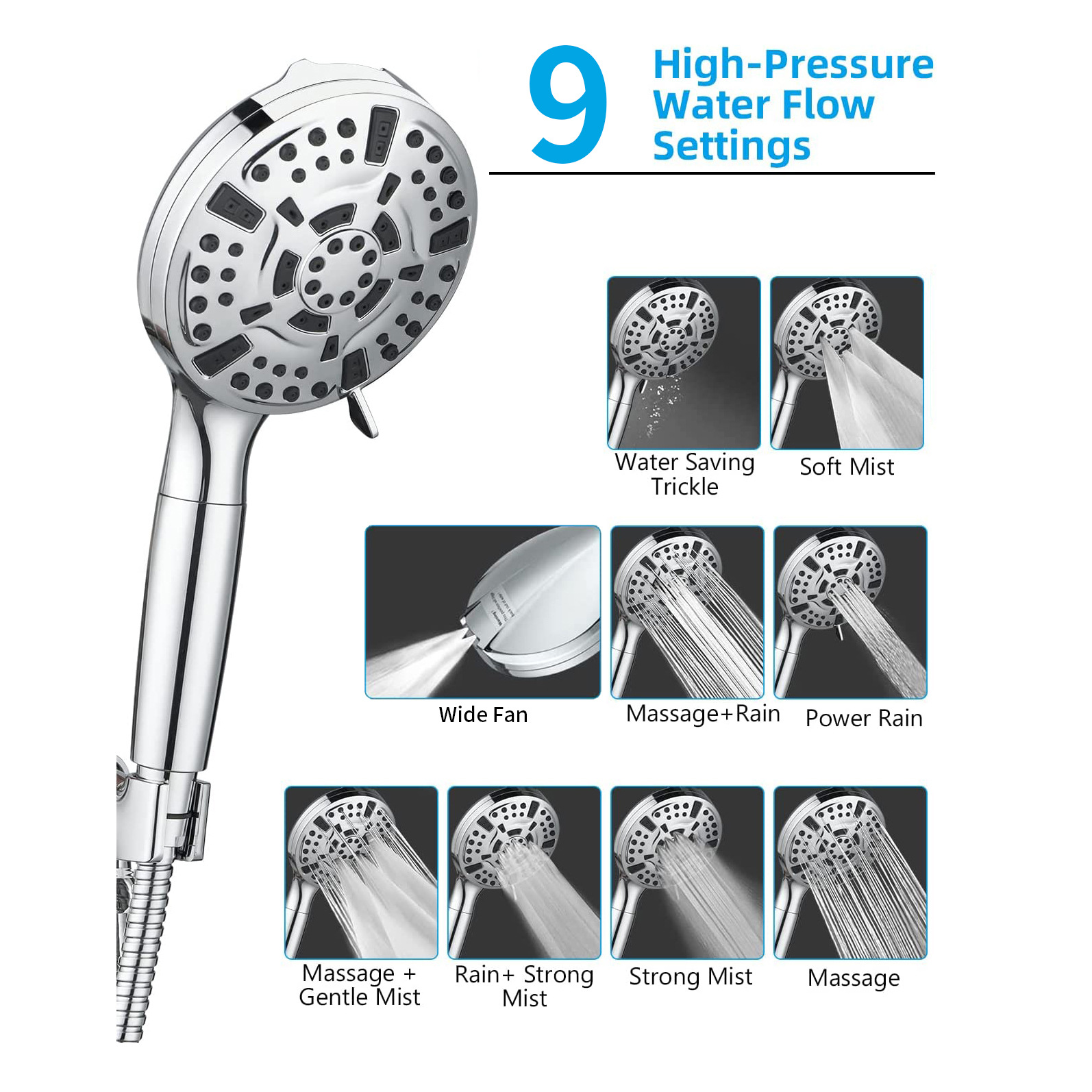 Cross-Border American-Style 9-Function Handheld Filter Showerhead, Pressurized Showerhead, Bathroom Multi-Function Spray Gun Shower Set