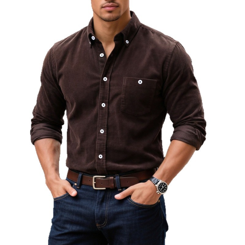2026 Cross-Border Men's Solid Color Corduroy Long-Sleeve Shirt With Pockets, European And American Casual Jacket_voghion.com
