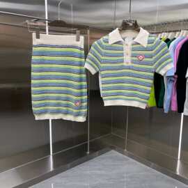 女装跨境ca卡萨女士时尚休闲针织毛衣套装Polo领露脐上衣两件套