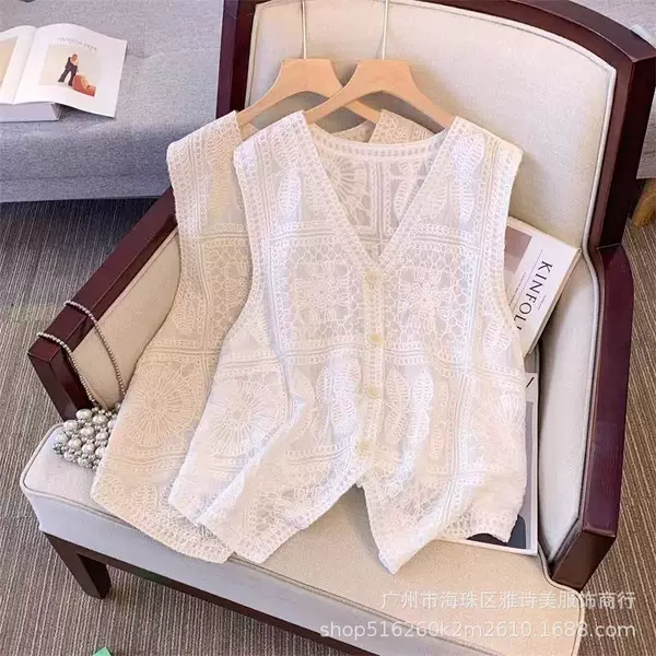 New V-neck Thin Fragrant Style Hollow Crochet Sleeveless Vest Women's Spring Outer Wear Slim-fit All-match Top