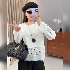 子元25年新款大码女装胖mm秋装上衣镂空钩花拼接T恤长袖上衣9070