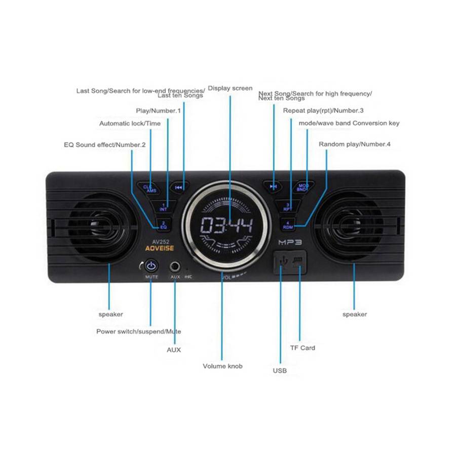 Single-DIN Car MP3 Player with Built-in Speaker, 12V Car Bluetooth Card-Insert FM Radio AV252