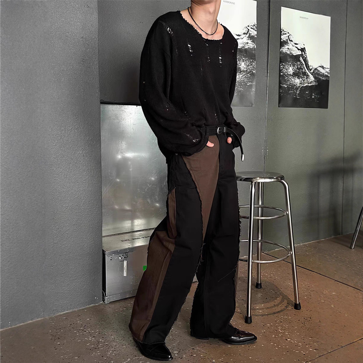 Men's Clothing Men's Distressed Knit Sweater With Lace Trim & Oversized Neck – Trendy Long Sleeve Pullover For Streetwear & Layering_voghion.com