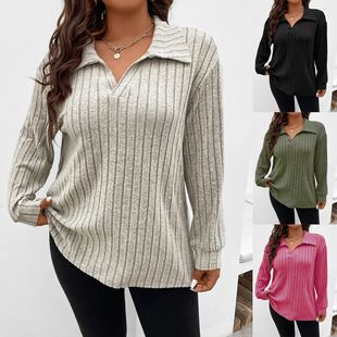 2023 Amazon autumn and winter new solid color plus size women's tops V-shaped lapel long sleeve pit brushed T-shirt loose