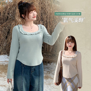 Design lace square collar velvet sweater autumn and winter chubby girl plus size women's doll collar base coat 65128