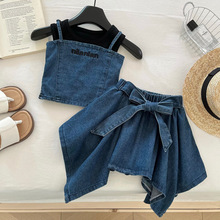 女童套装2025夏季新款无袖牛仔背心上衣儿童牛仔短裙三件套0008