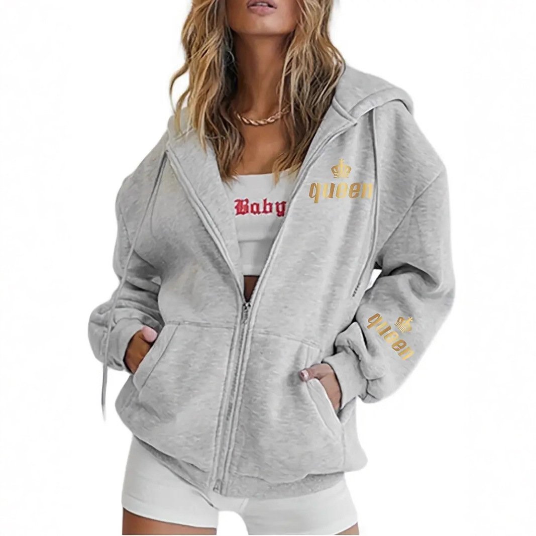 Women's European American Style Letter Print Hooded Sweatshirt Zip Up Casual Fashion Jacket Autumn Winter Print_ecoleips.com