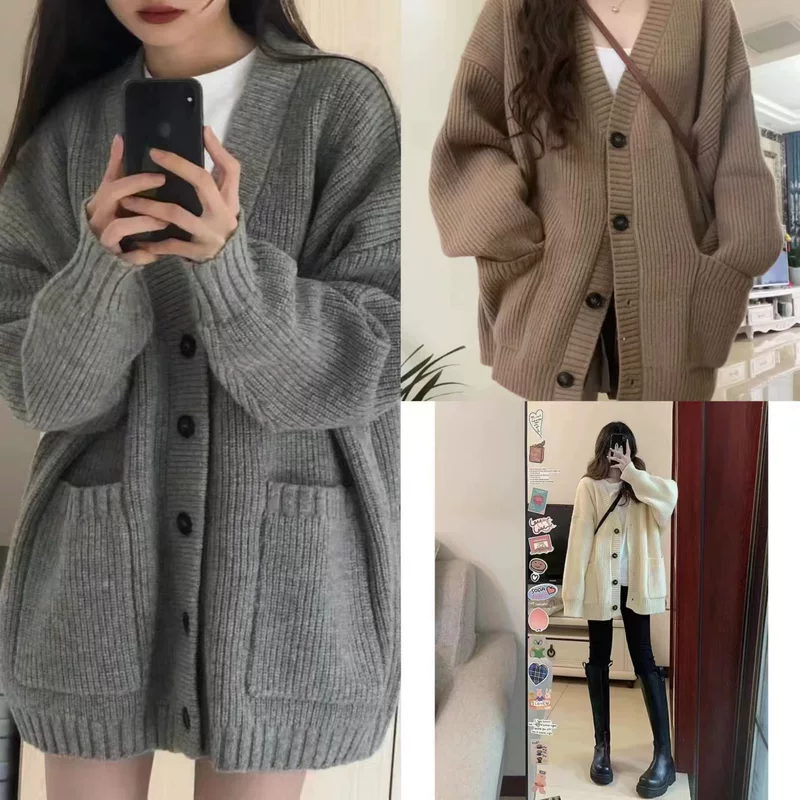 Вязаный осенний свитер, кардиган, жакет, корейский стиль, стиль Chanel, свободный покрой, V-образный вырез
