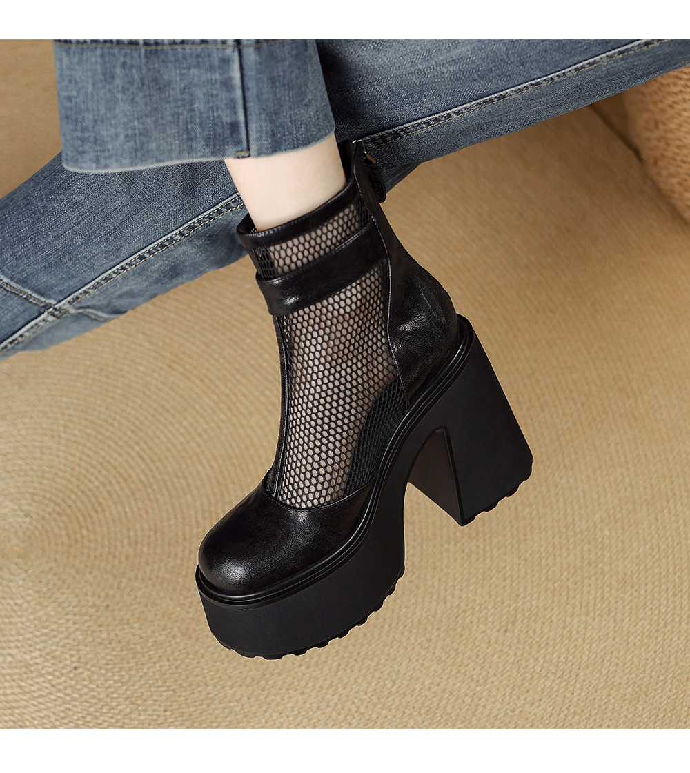 Boot nữ đế dày hở mũi phong cách La Mã da thật lưới thoáng khí kéo khóa trước mùa hè cổ thấp — màu đen chi tiết 13