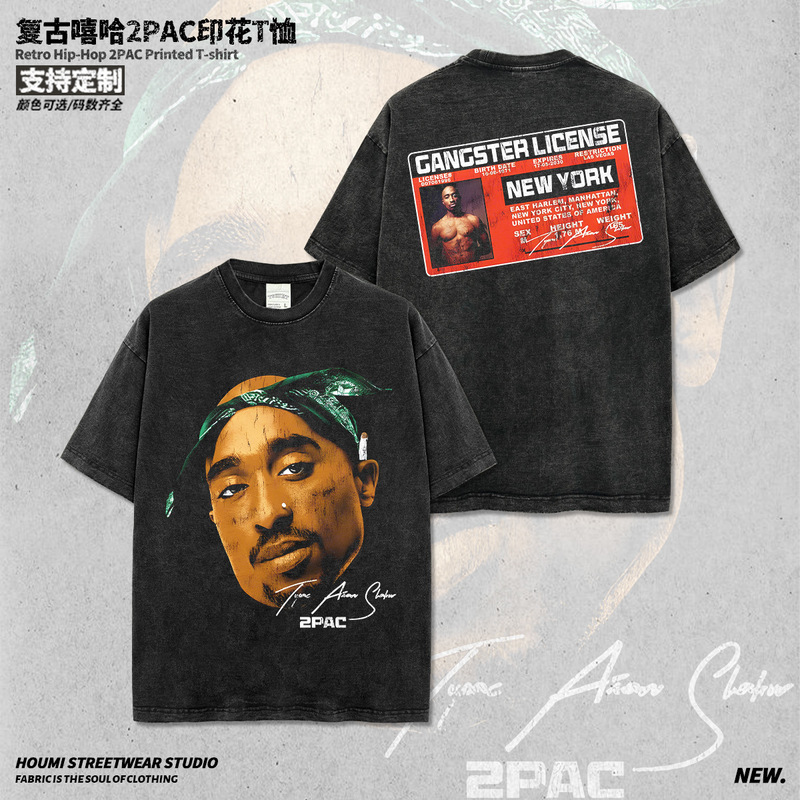 Cross-Border American Hip-Hop 2Pac Tupac Printed Washed Short-Sleeved T-Shirt Casual Round Neck Loose Hooded Sweatshirt for Men