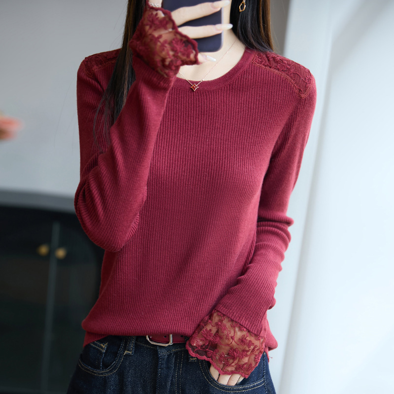 法式蕾丝钩花miu系针织衫女圆领修身毛衣25新款内搭女装打底上衣|undefined