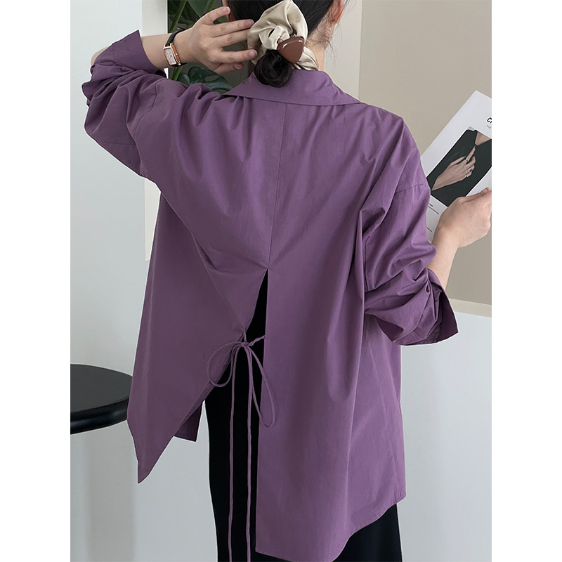 [Year-End Benefits Are Non-Refundable] Women's Loose-Fitting Shirt with Back Ribbon and Slit, Long-Sleeved Shirt with Ribbon 2605