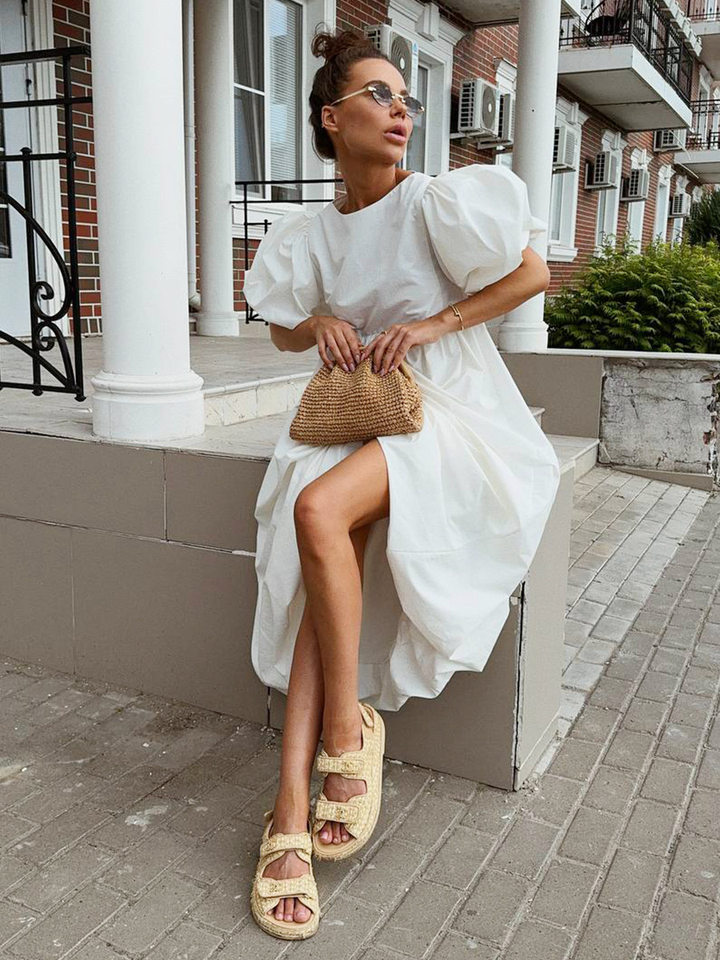 Đầm liền nữ cổ tròn tay phồng cotton dáng rộng màu trơn — Màu trắng chi tiết 21