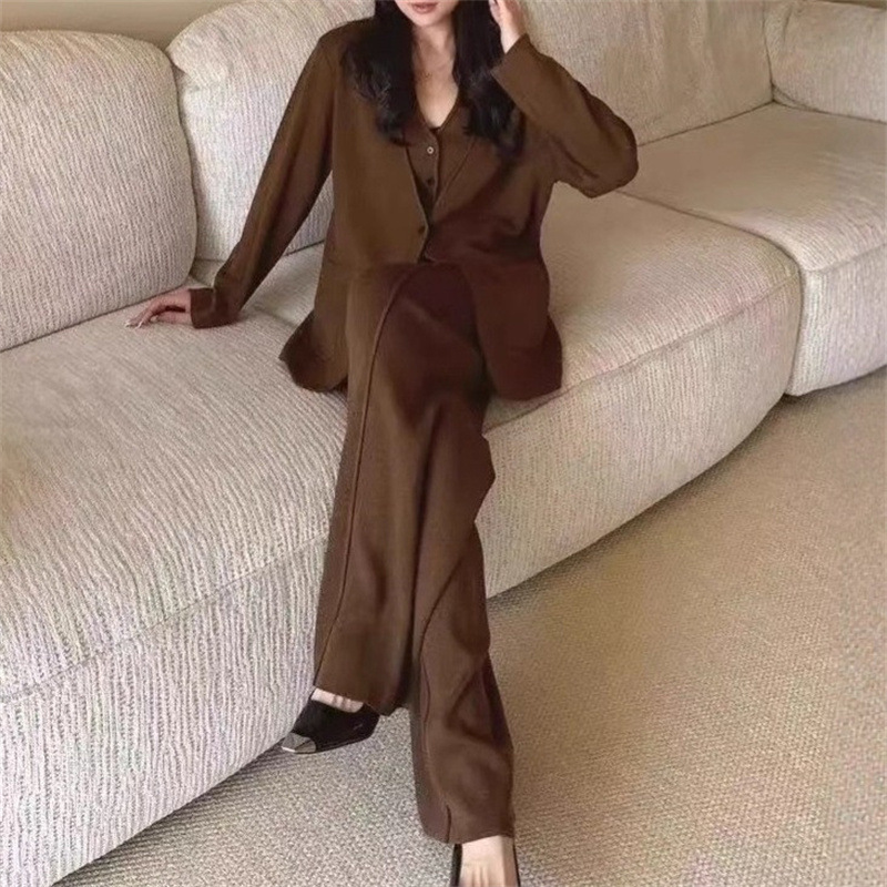 跨境气质通勤针织衫套装女2025秋冬新款加厚开衫马甲阔腿裤三件套|undefined