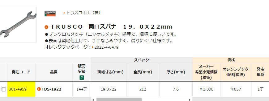 森川贸易日本中山TRUSCO扳手TDS-1922/双头扳手 19.0X22mm