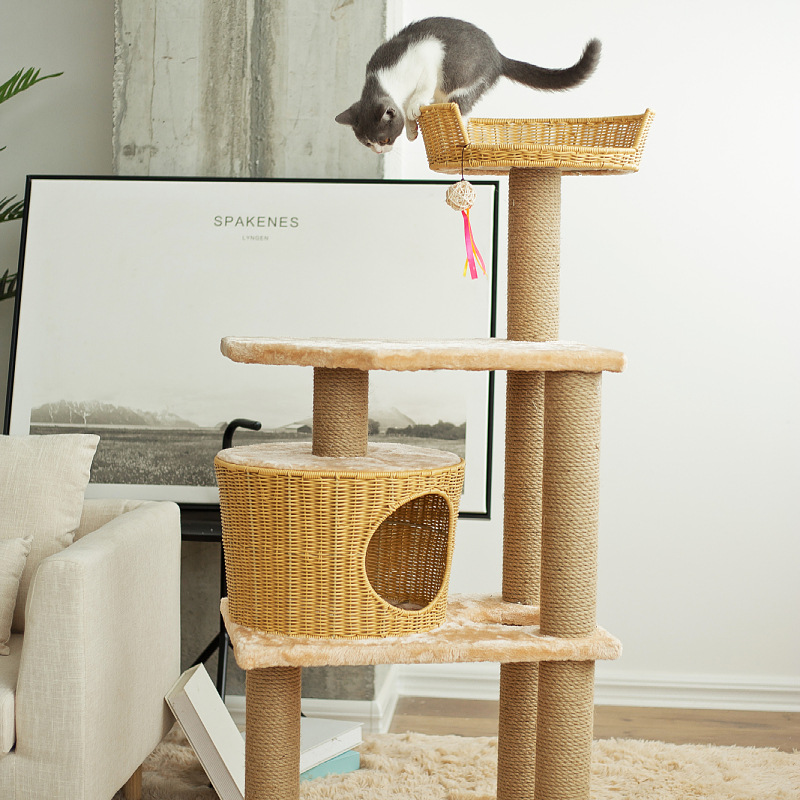 Cama para Gatos Tejida a Mano para Todas las Estaciones, Rascador para Gatos, Villa para Gatos de Ratán, Juguete para Gatos, Poste de Cuerda de Cáñamo, Estructura para Trepar para Gatos