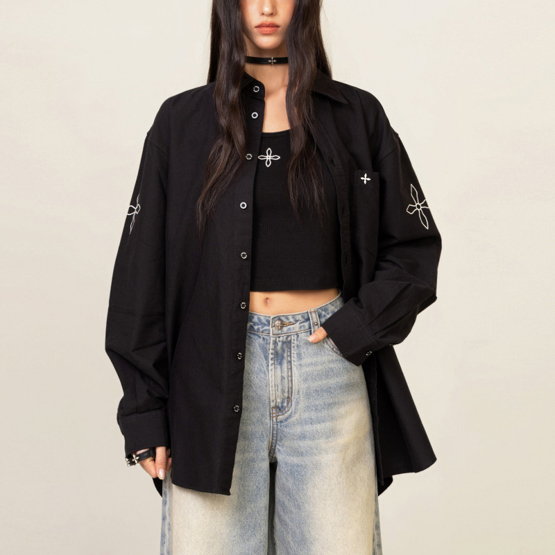 Smfk Cross Classic Shirt Yu Wenwen Same Style Embroidered Pure Color Loose Normcore Top