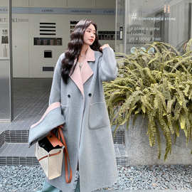 实拍围巾披肩宽松长过膝羊毛双面呢子大衣粉色两面穿毛呢外套女冬