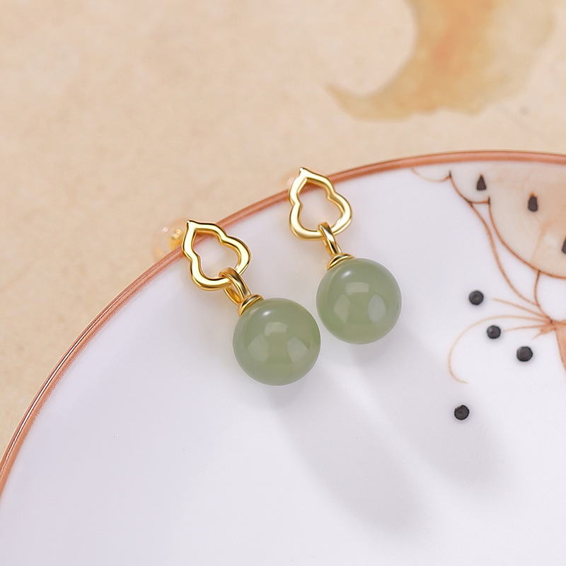 Bông tai bạc S925 mạ vàng đính ngọc mật sáp hình hồ lô tròn đơn giản — Mật ong sáp