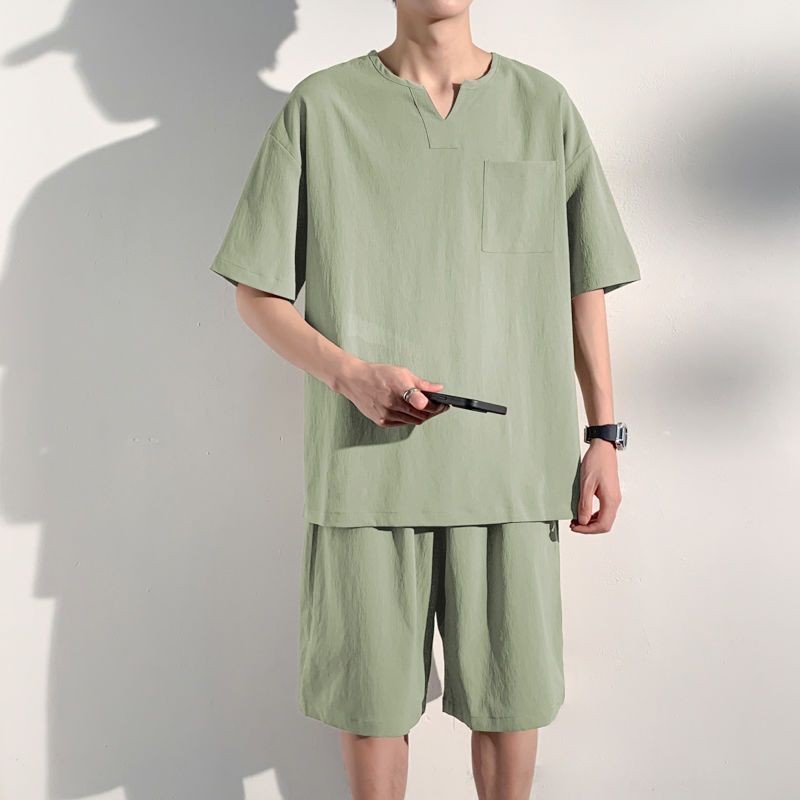 Extra Large Size 150kg Summer Chinese Style Full Suit Men's New Chinese Style V Neck Short-Sleeved T-Shirt Shorts Two-Piece Suit