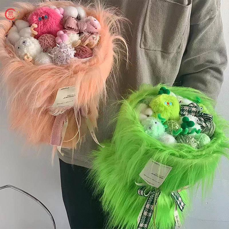 昌易批发 长毛布小香风玫瑰鲜花玩偶公仔花束包装毛绒手工包花布
