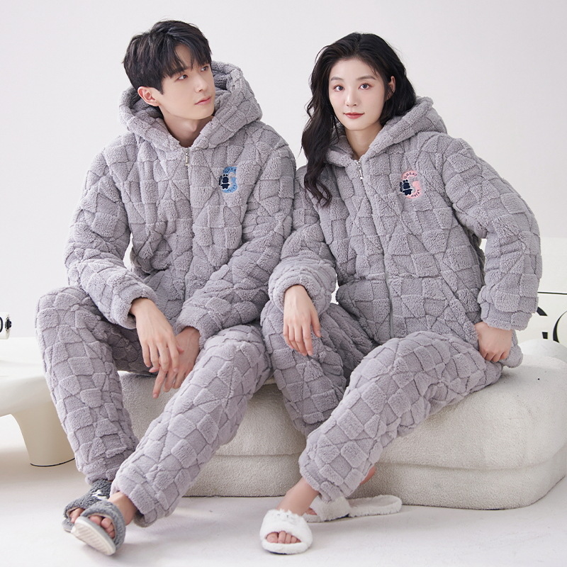 Nueva pareja de algodón acolchado pijamas hombres y mujeres de tres capas engrosadas de algodón acolchado cremallera collar soporte cremallera cálido hogar desgaste