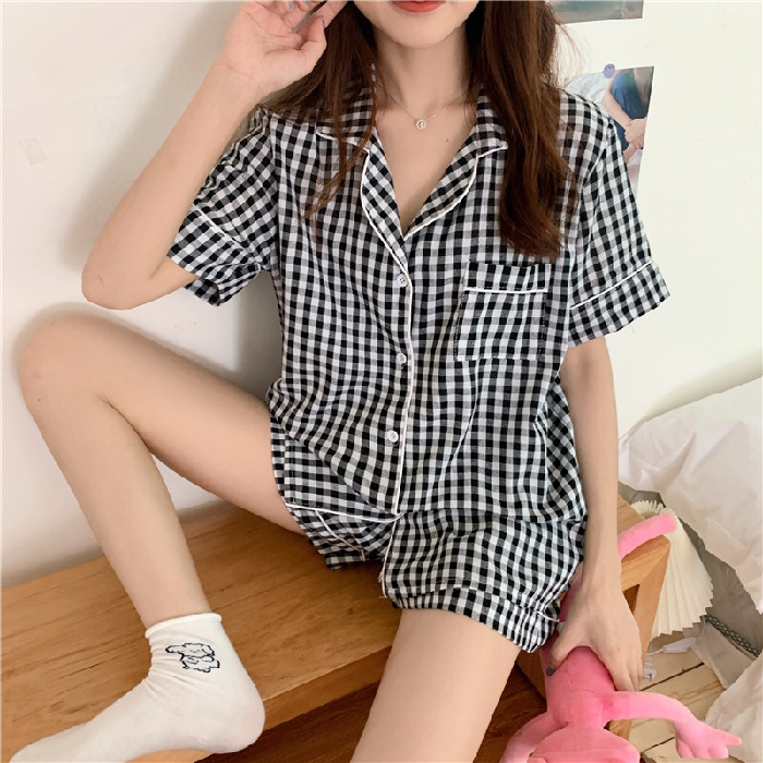 Pijamas de verano de las mujeres de manga corta linda chica Corazón de dibujos animados solapa desgaste del hogar WeChat transmisión en vivo en línea traje de entrega de una pieza
