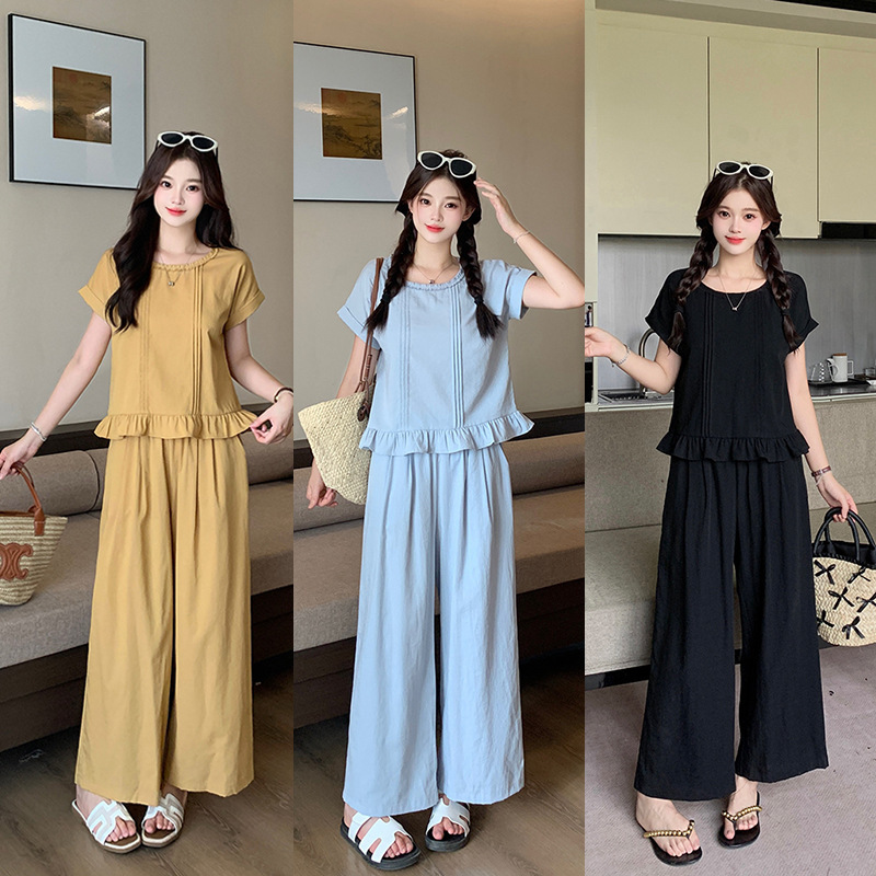 2025夏装新款胖mm大码女甜美减龄飞飞袖木耳边短袖阔腿裤套装|undefined