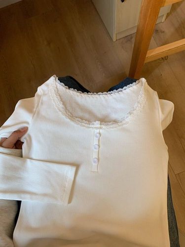250g Comfort Fleece Lace Splice Button Round Neck T-shirt for Women Long Sleeve Slim Top