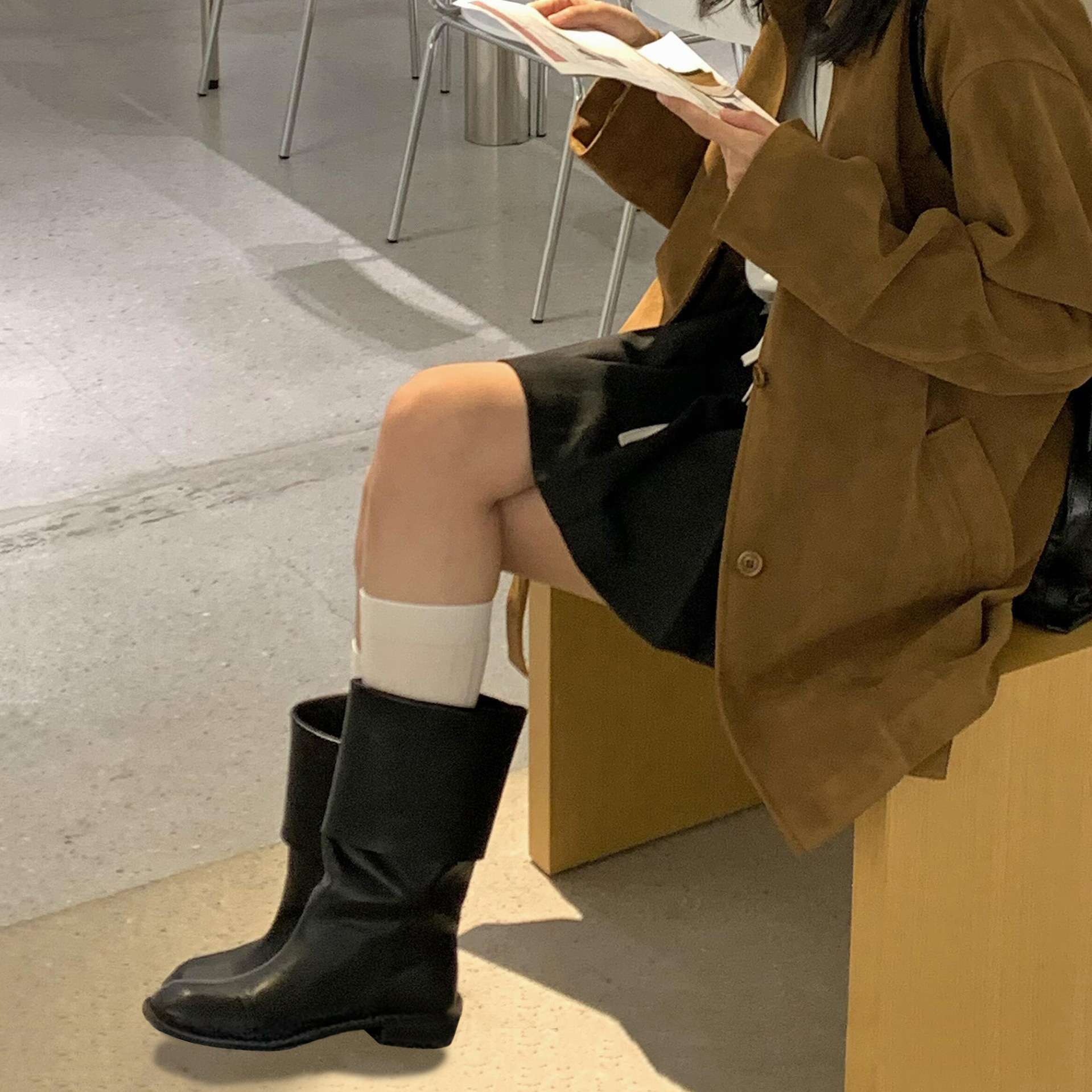 羊皮版~韩系真皮宽筒厚底马丁靴女翻折中筒靴粗跟短靴踝靴骑士靴