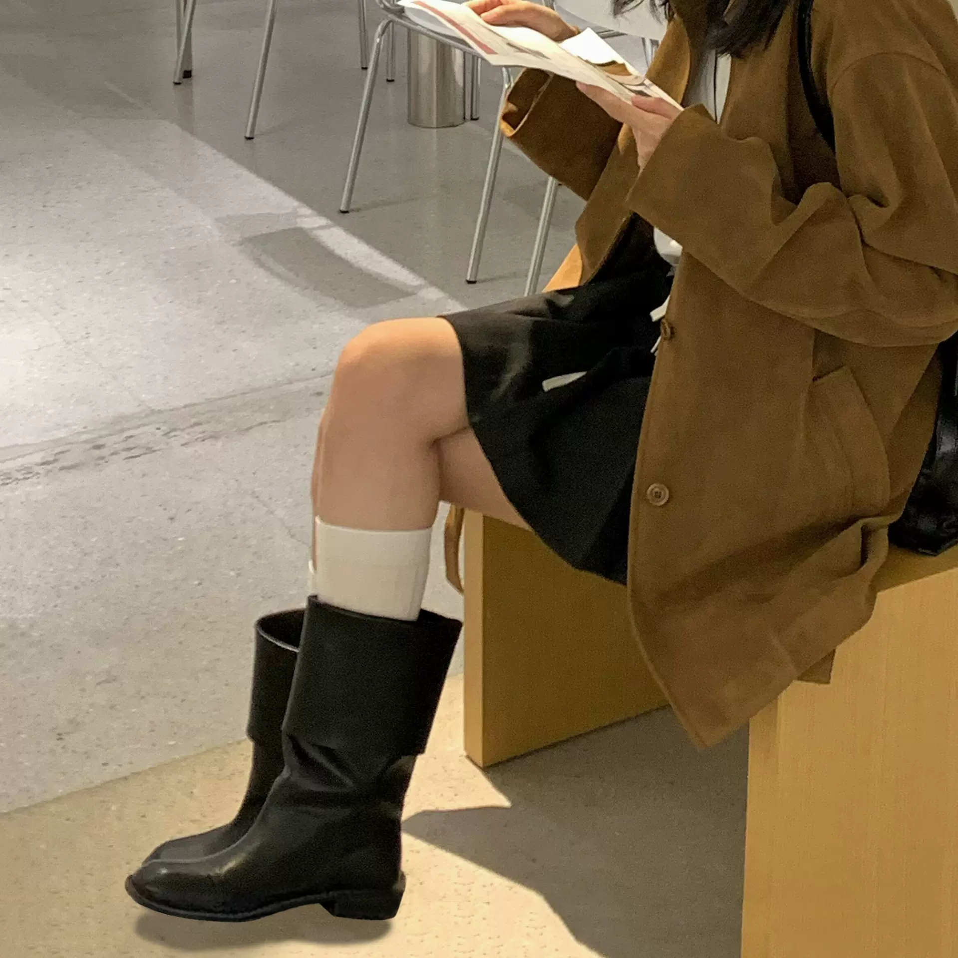 羊皮版~韩系真皮宽筒厚底马丁靴女翻折中筒靴粗跟短靴踝靴骑士靴